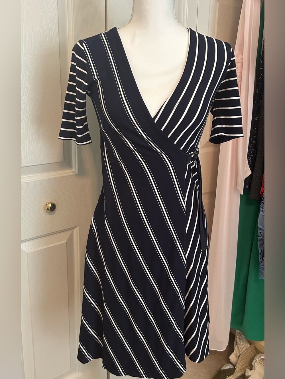 Ann Taylor Navy and White Striped Wrap Midi Dress